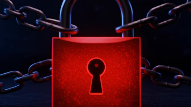 Red padlock with metal chain in dramatic lighting, symbolizing security, restriction, and privacy. Ideal for cybersecurity, access control, data protection, or digital safety concept