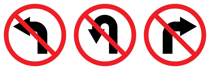 No left right and U turn sign symbol, prohibitory traffic sign, red crossed out circle symbol with arrow