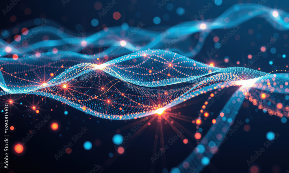 Poster vibrant abstract representation of digital waves, showcasing glowing particles and flowing lines in 