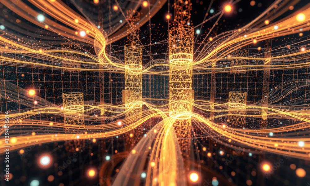 Aufkleber vibrant digital landscape featuring glowing lines and structures, creating sense of depth and moveme