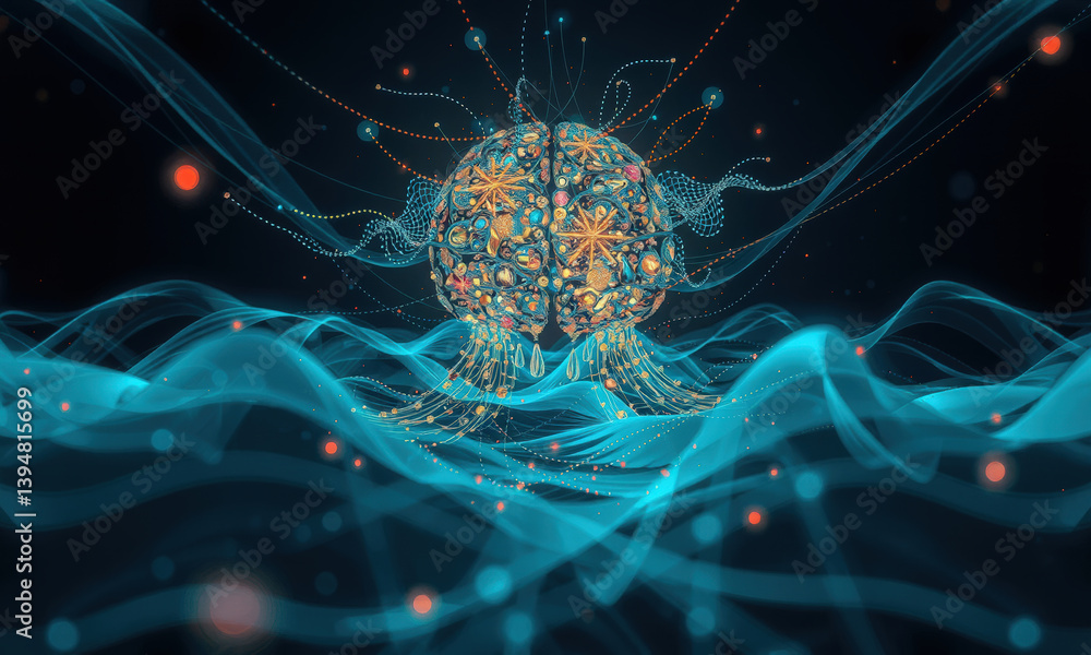 Poster vibrant digital representation of jellyfish like structure surrounded by flowing waves of blue light