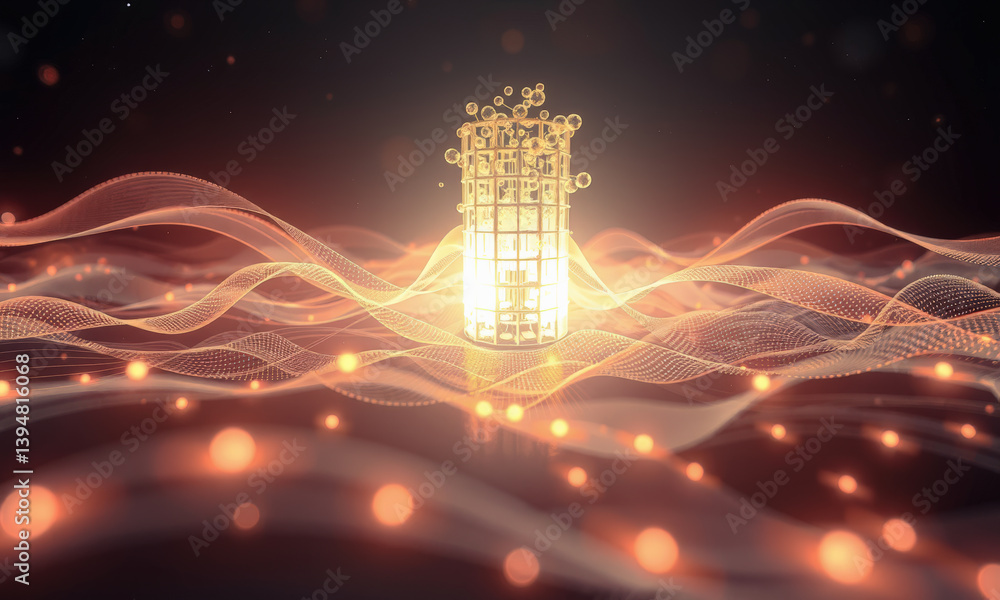 Poster abstract visualization of glowing cage surrounded by flowing waves of light, creating sense of myste