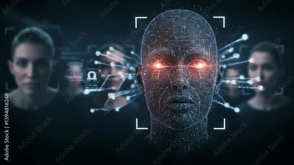 Poster facial recognition interface scanning digital human face with glowing eyes and data points. concept 