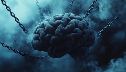 Cerveau humain entoure de chaines et de nuages noirs