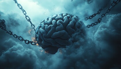Cerveau humain entoure de chaines et de nuages noirs