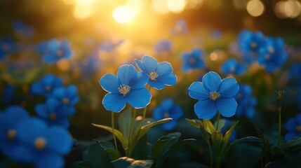 Blurred blue flowers sunset garden