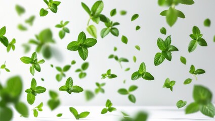 Isolated mint leaves floating on a white surface.