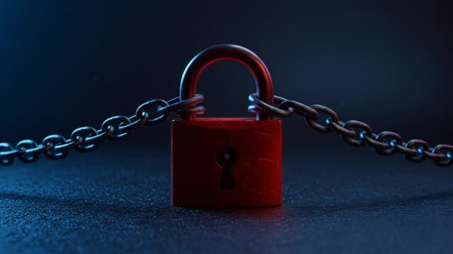 Red padlock with metal chain in dramatic lighting, symbolizing security, restriction, and privacy. Ideal for cybersecurity, access control, data protection, or digital safety concept