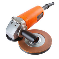 An orange angle grinder with a metal and abrasive disc, designed for cutting and polishing surfaces in workshops, featuring a sleek design and sturdy grip.