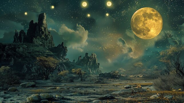 A beautiful landscape with a full moon and a starry sky. The moon is surrounded by clouds and there are some stars in the sky.