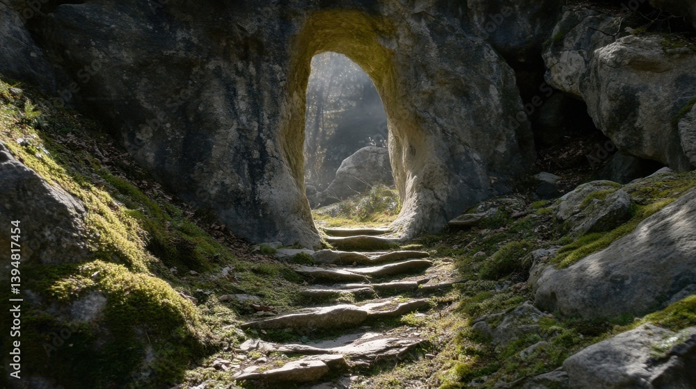 Aufkleber enchanting stone archway leading to a mystical forest clearing with sunlight filtering through the t