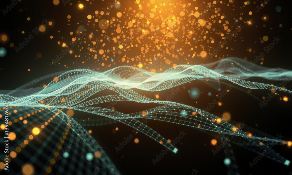 Poster mesmerizing digital landscape featuring flowing waves and glowing particles, creating sense of depth