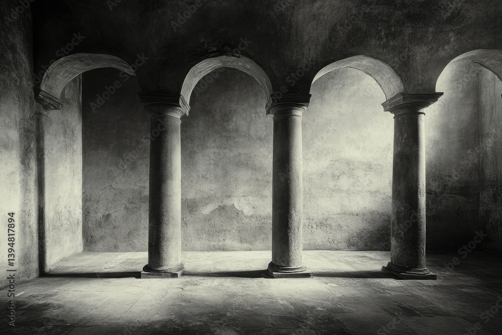 Aufkleber three ancient stone pillars stand in a dimly lit room, creating a somber and atmospheric scene.