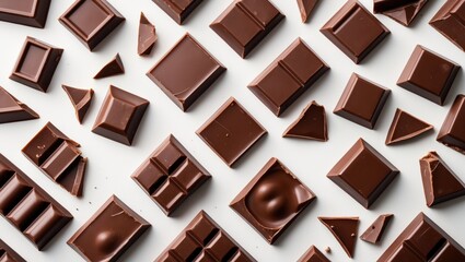 Fototapeta premium White background featuring milk chocolate pieces from a top perspective