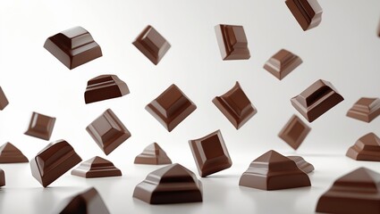 Fototapeta premium Milk chocolate morsels on a plain white background. Clipping Path Image stack showcasing full depth of field macro shot