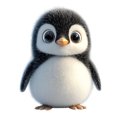 Fluffy 3D Cartoon Penguin Chick Waddling Through Snow Isolated on Transparent Background