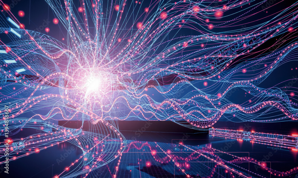 Poster vibrant digital landscape showcasing intricate lines and glowing particles, representing advanced te