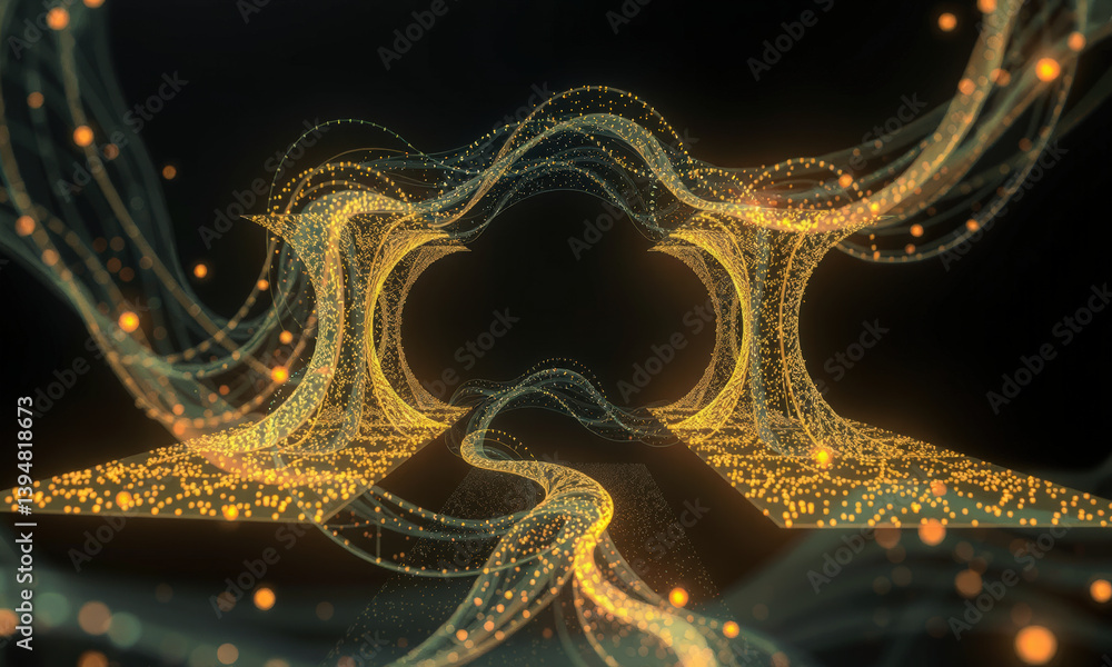 Poster mesmerizing digital landscape featuring flowing golden waves and glowing particles, creating sense o