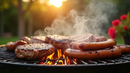 Grilled meat sizzling outdoors at sunset with smoke rising  