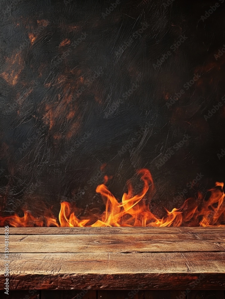 Poster dramatic fiery flames illuminating a rustic wooden surface against a dark textured background creati