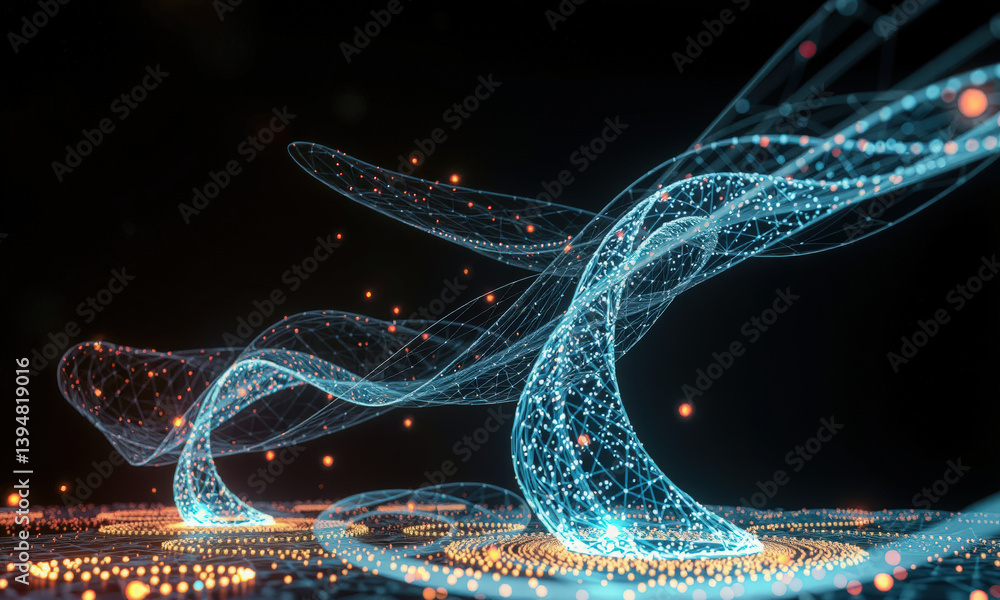 Poster mesmerizing digital representation of flowing lines and particles, showcasing blend of blue and oran