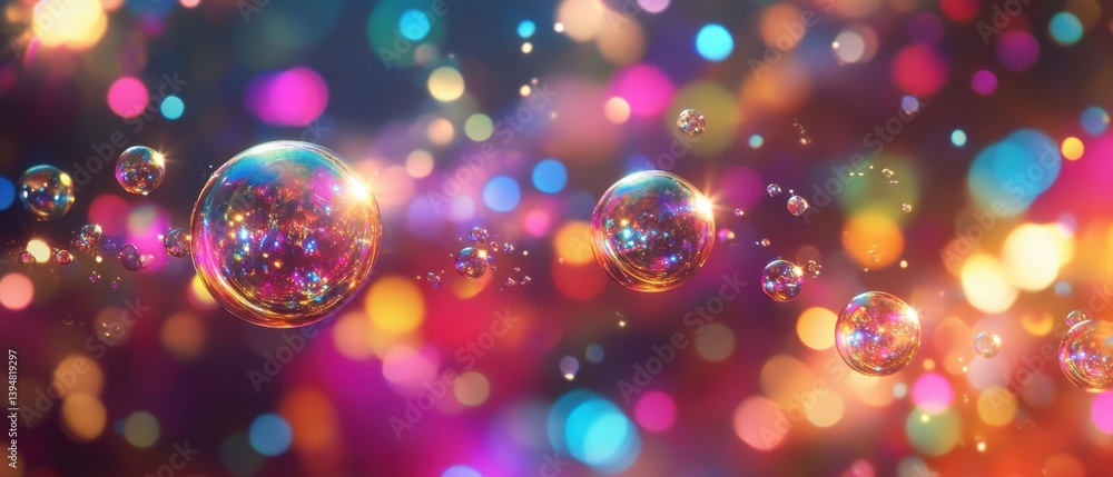 Poster luminous spheres float amid a vibrant bokeh backdrop casting a spellbinding glow with iridescent ref