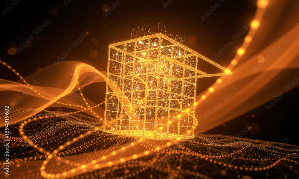 Aufkleber glowing, abstract representation of cube surrounded by flowing lines and particles, symbolizing tech