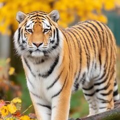 Obraz premium A tiger standing confidently on a path with autumn leaves in the background.