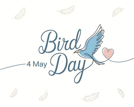 Celebrate Bird Day on May 4th with a gentle blue bird carrying a heart, soaring amidst soft, delicate feathers in a minimalist design. - Powered by Adobe