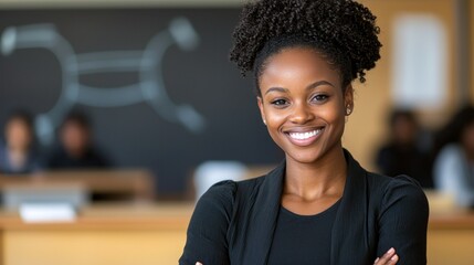 Smiling woman stands in classroom with diagrams on the blackboard behind her