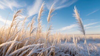 Obraz premium Tall grasses are covered with frost while they delicately sway in the breeze beneath a clear sky in daylight.