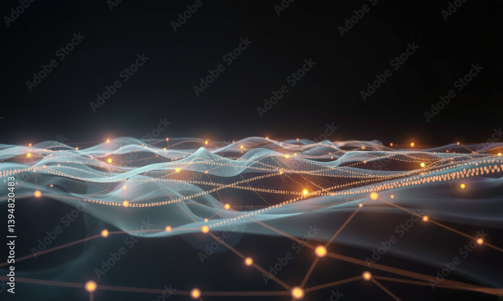 Poster mesmerizing abstract representation of digital waves and connections, showcasing glowing dots and fl