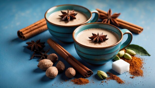 Porcelain cup of traditional hot masala tea chai latte against a blue table setting - Powered by Adobe