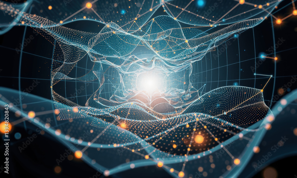 Poster mesmerizing digital tunnel visualization featuring intricate mesh patterns and glowing particles, cr