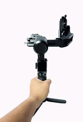 hand holding Camera stabilization technology isolated on the white background, clipping path