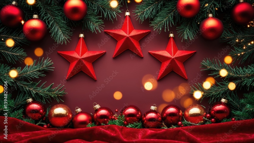 Poster yuletide setting with a xmas tree, scarlet decorations, and glowing golden bokeh lights on a canvas 