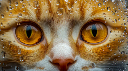 Close up orange tabby cat face with yellow eyes and raindrops on glass pet animal 