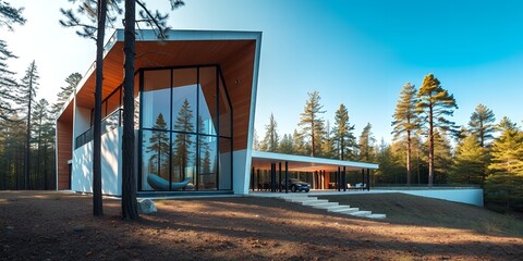 Fototapeta premium Modern Architectural Design House in a Pine Forest with Large Windows