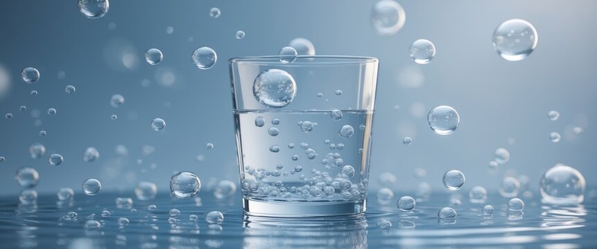 Several tiny air bubbles travel in a glass of water