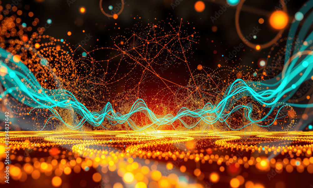 Poster vibrant abstract representation of energy waves and particles, showcasing dynamic movement and color