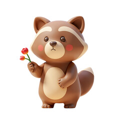 Raccoon Holding Flower Full Body 3D Render Icon Illustration Cute Cartoon Style. Transparent