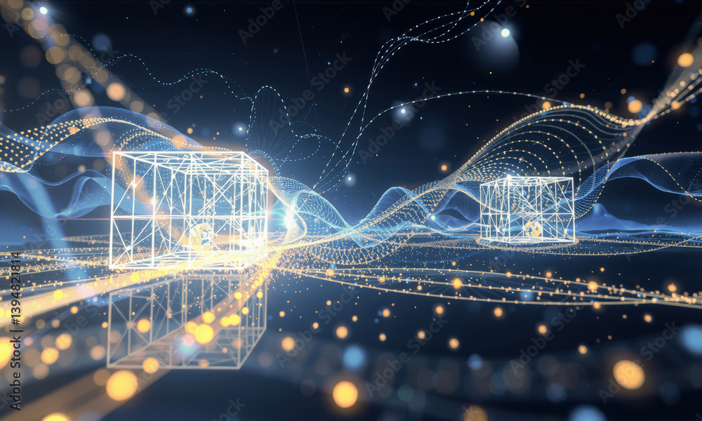 Poster futuristic digital landscape featuring glowing geometric shapes and flowing lines, creating sense of