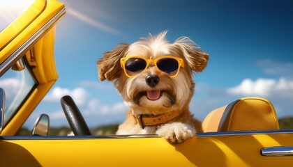 A dog in a toy car with a dog on it