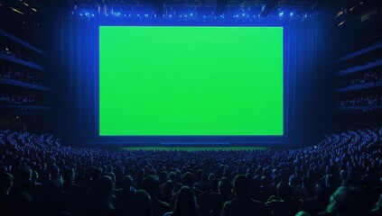 Large crowd watches a green screen at a concert hall