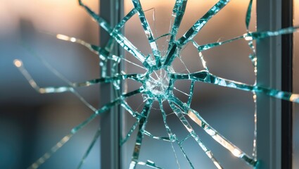 Close-up of a metal-plastic window shattered by hooligans.