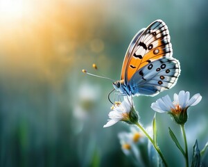 Obraz premium Butterfly on wildflowers, sunrise