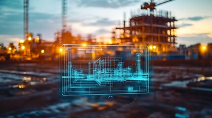 Construction site at dusk showcasing blueprints overlay with neon effect, cranes in background, vibrant lights reflecting on water puddles