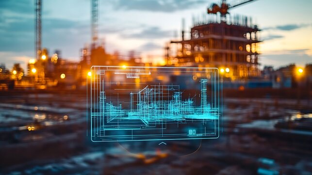 Construction site at dusk showcasing blueprints overlay with neon effect, cranes in background, vibrant lights reflecting on water puddles - Powered by Adobe