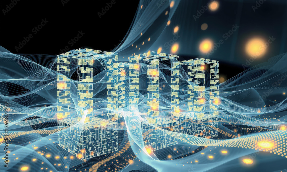 Poster futuristic digital landscape featuring abstract structures and flowing waves of light, representing 