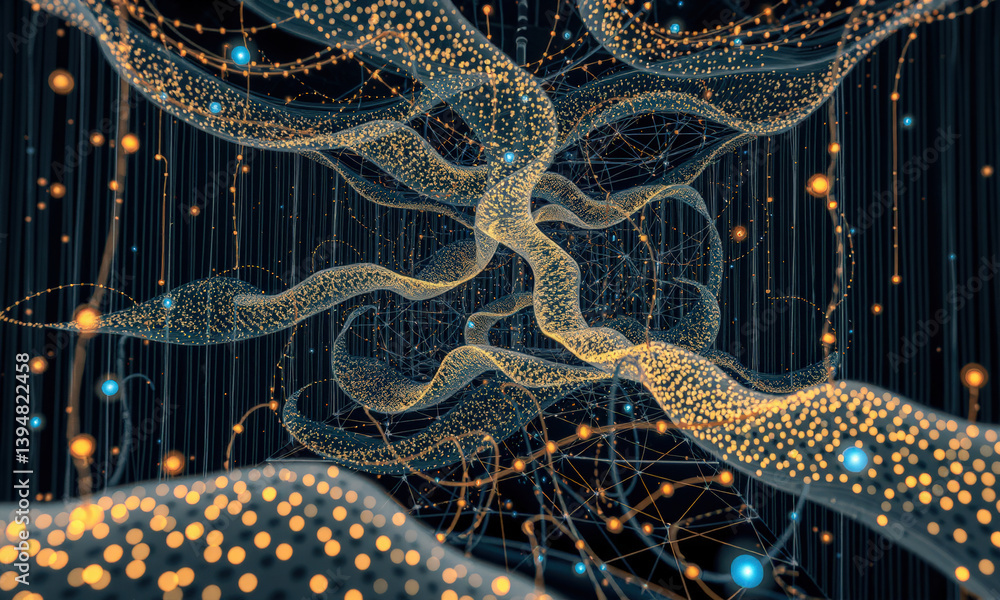 Poster mesmerizing digital abstract image featuring flowing lines and glowing particles various colors, cre